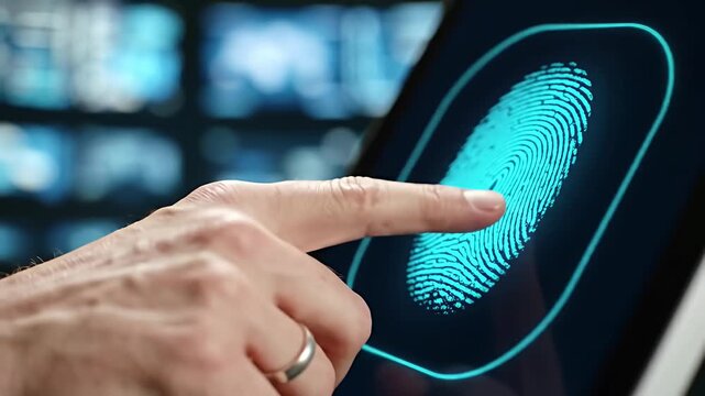 Person using fingerprint biometric authentication on a digital screen.