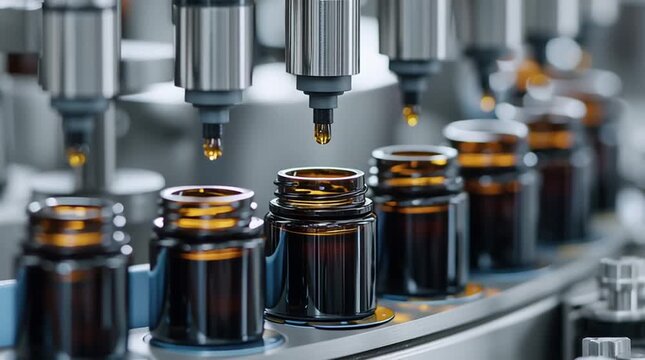 Amber glass bottles being filled with liquid on an automated production line. Pharmaceutical, cosmetic, or essential oil manufacturing process with precision dispensing in motion.