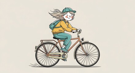 Fototapeta premium Sustainable urban transport and eco friendly travel. Healthy lifestyle and outdoor activity. Happy girl with a backpack riding a bicycle to school or work