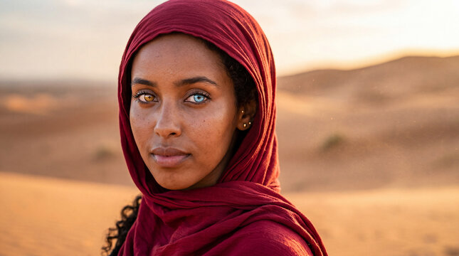 Young woman with heterochromia in red head covering looks at camera