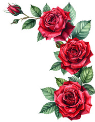 Naklejka premium Crimson Roses Arrangement: A cascade of vibrant red roses, adorned with green leaves and buds, forms an elegant floral arrangement, evoking romance and beauty.