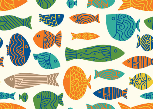Colorful Stencil doodle fish seamless pattern.  Vector illustration art backdrop