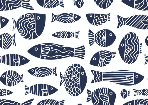Stencil doodle fish seamless pattern.  Vector illustration art backdrop