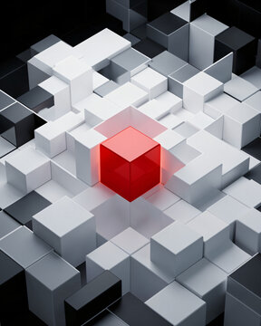 Abstract Technology Background With a red cube among others, concept of stand out of the crowd