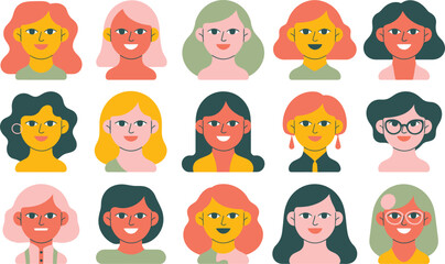 Naklejka premium Set of flat style female avatars with diverse hairstyles and glasses in a grid pattern portraits diversity collection illustration. Vector illustration