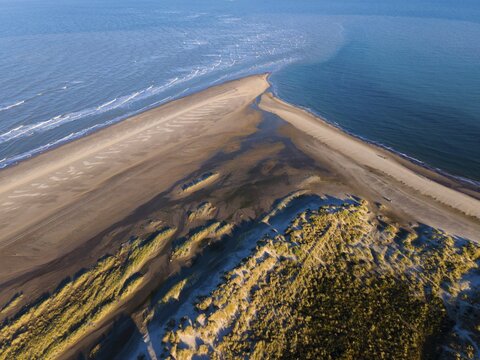 Aerial view, meeting of North Sea and Baltic Sea, Skagerrak and Kattegat, Grenen, Skagens Gren, Skagen, North Jutland, Jutland, Denmark