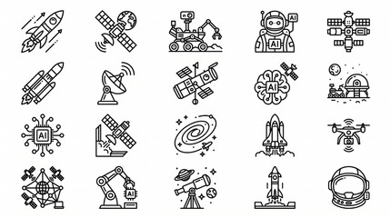 Various spacecraft and astronomy related icons are shown in a collection. © abdullaha