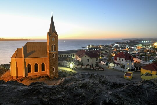 View of the rock church from 1912, blue hour, L&uuml;deritz, Karas Region, Namibia