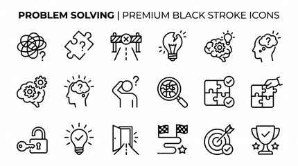 Fototapeta premium Premium black stroke icons illustrate various problem solving concepts and symbols.