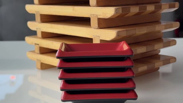 Stacked wooden boards with red rectangular soy sauce dishes arranged on a white table ready for serving asian food and sushi.