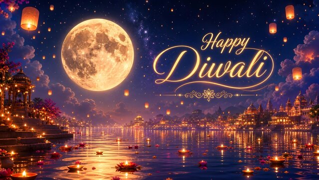 Moonlit Diwali Night with Floating Lanterns and Glowing River Reflections