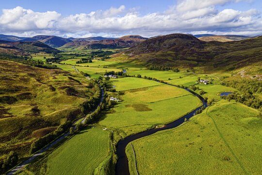 Aerial of the beautiful scenery around Dalnaglar Castle, Glenshee, Scotland, UK