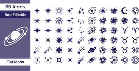 Space star planet galaxy zodiac comet moon sun vector icon set symbol illustration graphic design element collection astronomy modern flat style © Iconic