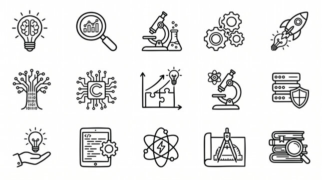 Science icons illustrate various tools and concepts in a laboratory setting with technology.
