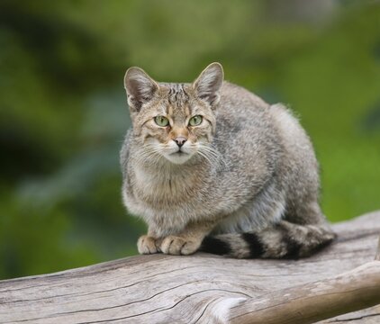 European wildcat (Felis silvestris), sitting on a trunk, captive, Bavaria, Germany