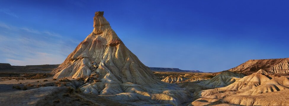 Castildeterra rock formation in the Bardena Blanca area of the Bardenas Reales Natural Park, Navarre, Spain