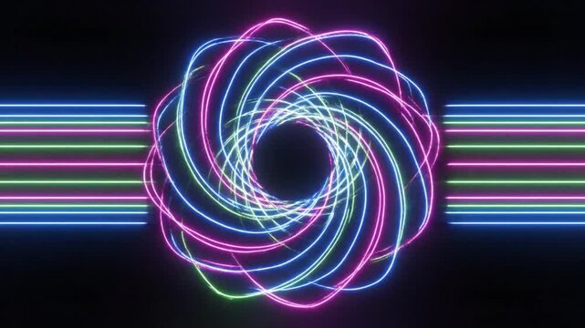 Neon lines forming spiral then slowly unwinding back to original state, hypnotic loop, 4K