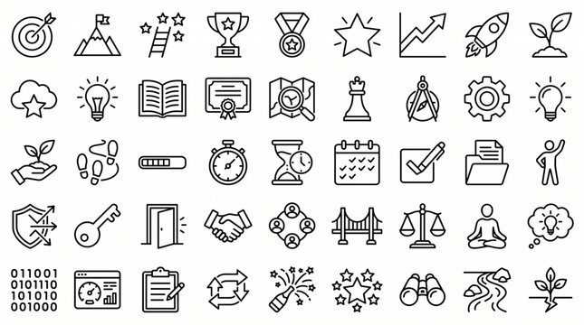 A collection of various business and technology icons are shown in a grid.
