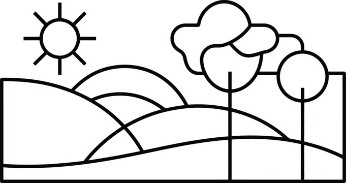Minimalist landscape line art illustration with sun and trees landscape minimalist illustration environment aesthetics countryside. Vector illustration