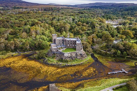 Aerial of Dunvegan castle, Isle of Skye, Scotland, UK