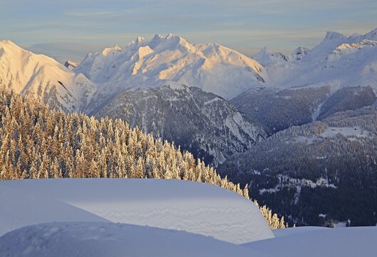 Winter landscape with view of the Rhone Valley and Gross Schinhorn 2939m, Bettmeralp, Aletsch area, Upper Valais, Valais, Switzerland