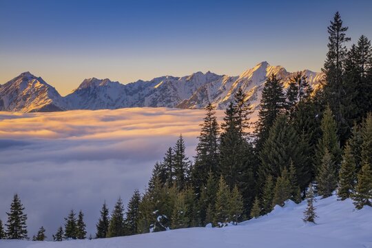 Winter mountain landscape with closed fog cover over the Inn valley, in the background the Gleirsch-Halltal range and the Vomper range of the Karwendel mountains, seen from the Pillberg, Inn valley, Tyrol, Austria