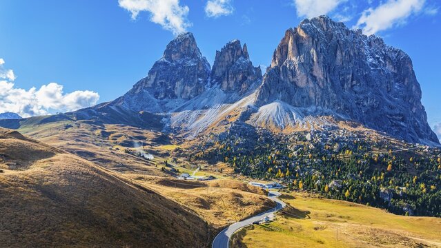 The peaks of the Sassolungo Group, Passo Sella, drone shot, Val Gardena, Dolomites, Autonomous Province of Bolzano, South Tyrol, Italy