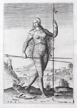 Portrait of a tattooed Pictish woman, copperplate engraving by Theodor de Bry, 1590, Frankfurt, Germany