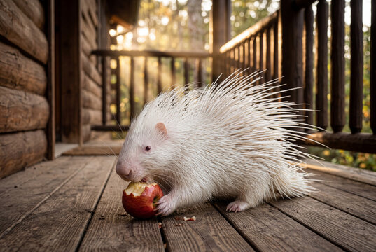 Close-up albino porcupine eating red apple on rustic deck