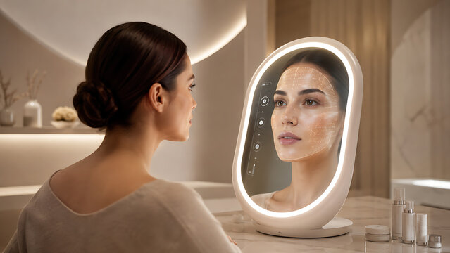Woman using a smart ai skin analysis mirror in a modern bathroom