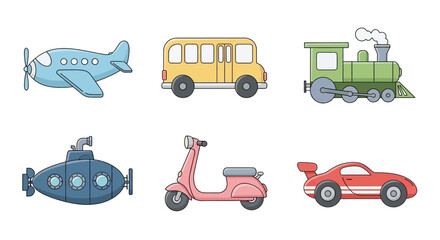 Set of cute cartoon vehicles: airplane, bus, train, submarine, scooter, car © Chairil
