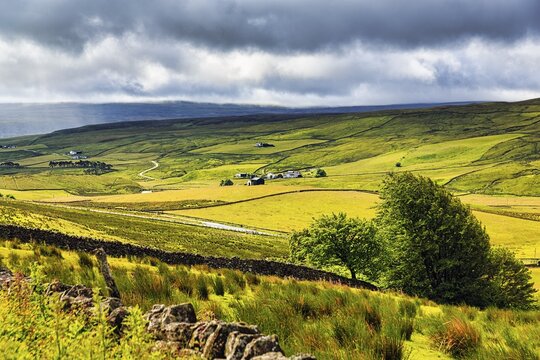 Views down the valley, open hill country, sparsely populated, Area of Outstanding Natural Beauty AONB, Teesdale, Durham, North Pennines, North of England, England, United Kingdom