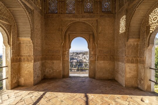 Palacio de Generalife window overlooking Granada, World Heritage Alhambra in Granada, Andalucia, Spain