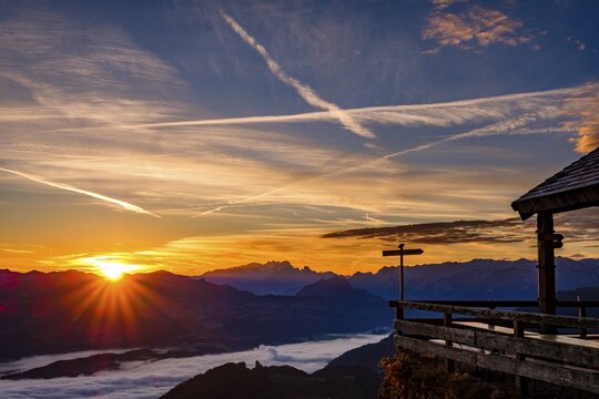 Sunrise at the Toni-Lenz-H&uuml;tte, behind Osterhorngruppe, Dachstein and Tennengebirge, in the valley fog, Marktschellenberg, Berchtesgadener Land, Upper Bavaria, Bavaria, Germany