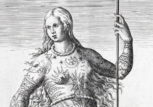 Portrait of a tattooed Pictish woman, copperplate engraving by Theodor de Bry, 1590, Frankfurt, Germany