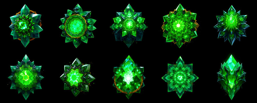 RPG dexterity skill gems icon set, green magic crystals and nature venom stones collection grid for game UI