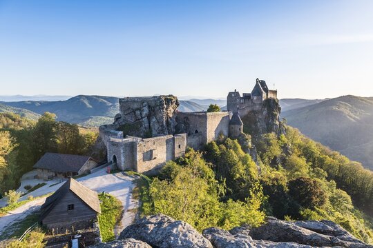 Castle Aggstein overlooking the Danuba in the Wachau at sunset, Austria