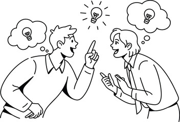Fototapeta premium Two people discussing ideas with lightbulbs appearing above their heads discussion brainstorming collaboration communication strategy. Vector illustration