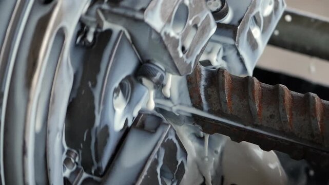 Threaded rebar being machined with coolant in slow motion