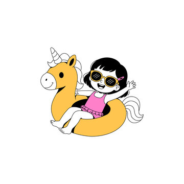 Cute Cartoon minimalist kids Girl With unicorn float Vector illustration hand drawn