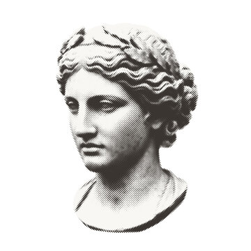 Halftone dotted Greek goddess statue head with diadem vector isolated.
