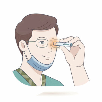 Cartoon illustration of a medical professional performing a pupillary reflex examination using a penlight for diagnostic purposes