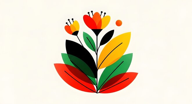 Colorful stylized flat design flower illustration. Springtime blooming and vibrant nature concepts. Symmetrical botanical art displaying bright red and yellow petals.