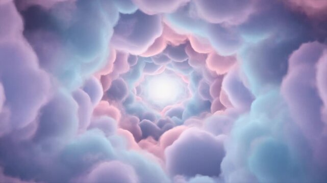 Vibrant pastel fractal cloudscape with radiant center, dreamy atmosphere, soft pink purple hues, abstract background texture, seamless pattern