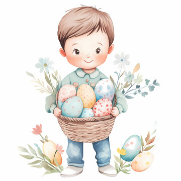 "Sweet Easter Basket - Adorable Child with Painted Eggs"