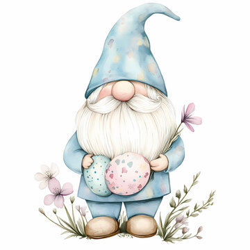 "Easter Gnome with Painted Eggs and Flowers"