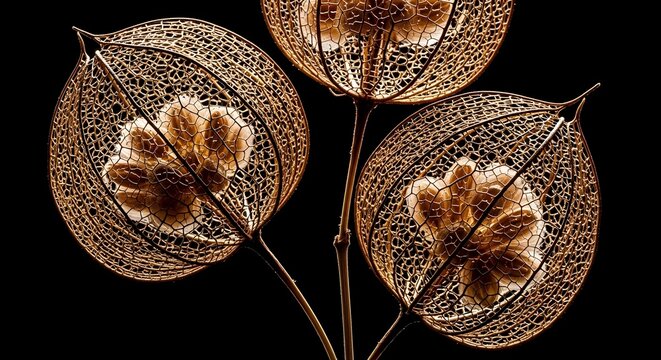 Golden skeletonized lantern plant husks on black. Delicate natural textures and botanical details. Intricate lace textured leaves protecting inner seed pods.