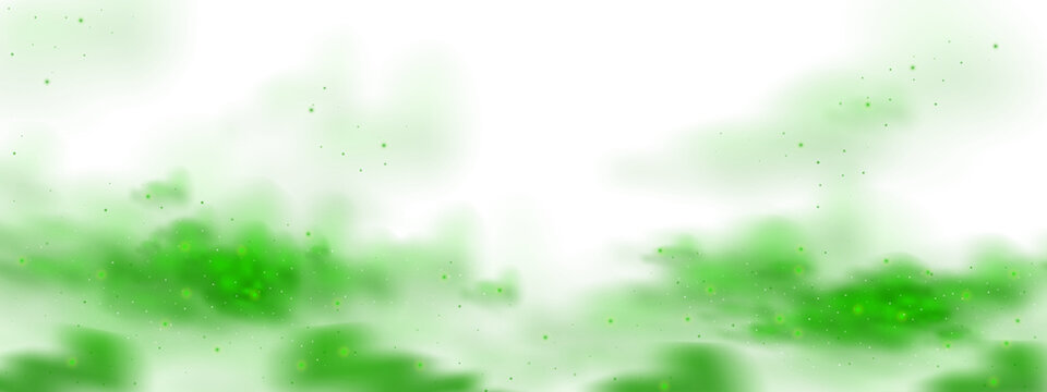 Green cloud of gas smell and magic poison particle background. Fog powder with light sparkle spell effect bg. Toxic halloween horizontal transparent texture for spooky fantasy unpleasant odour