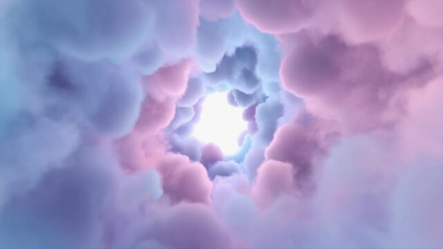 Dreamy pastel cloudy sky with sunbeam, soft pink purple hues, serene atmosphere, texture background, copy space