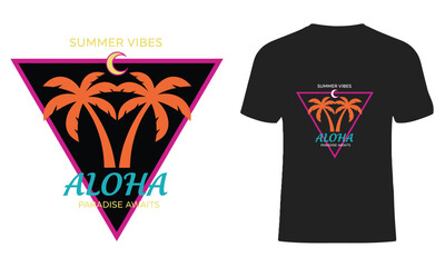 Retro summer vector graphic featuring palm trees in a neon pink triangle badge with Aloha text for t-shirt design © SORANANDA